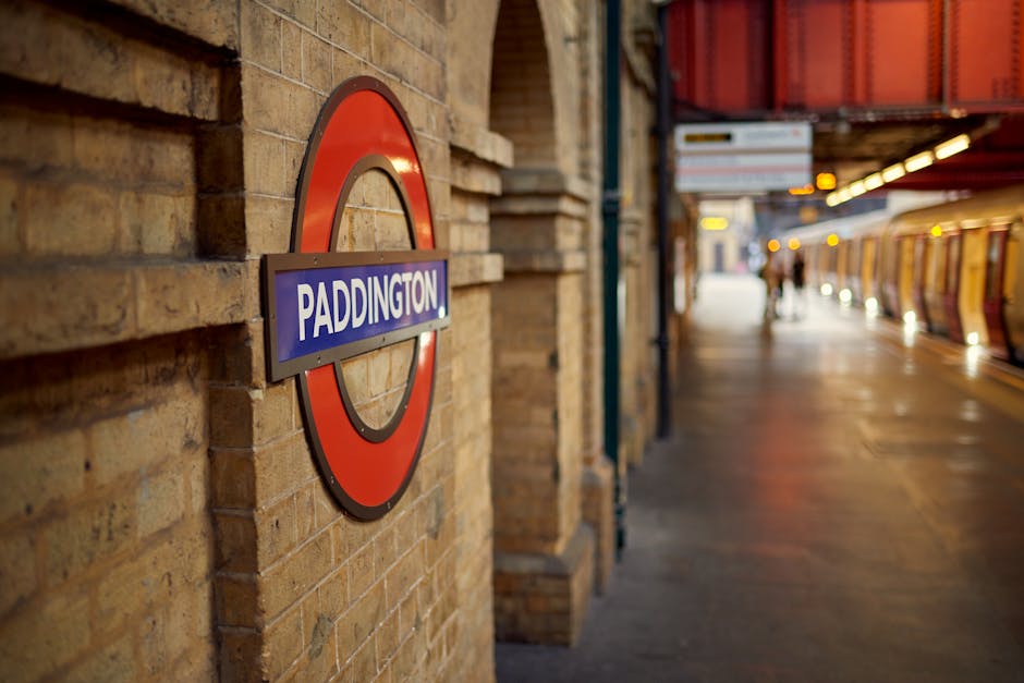 A street scene in Paddington featuring the iconic Big Ben clock tower in the background under an overcast sky. In the foreground, a man wearing an orange and navy high-visibility jacket is seen liftin